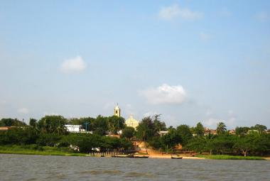 Togoville, with the cathedral of the Marian sanctuary Notre-Dame du Lac Togo which stands out in the distance.